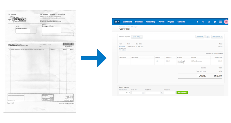 Billsy scans a bill straight into Xero / Reckon