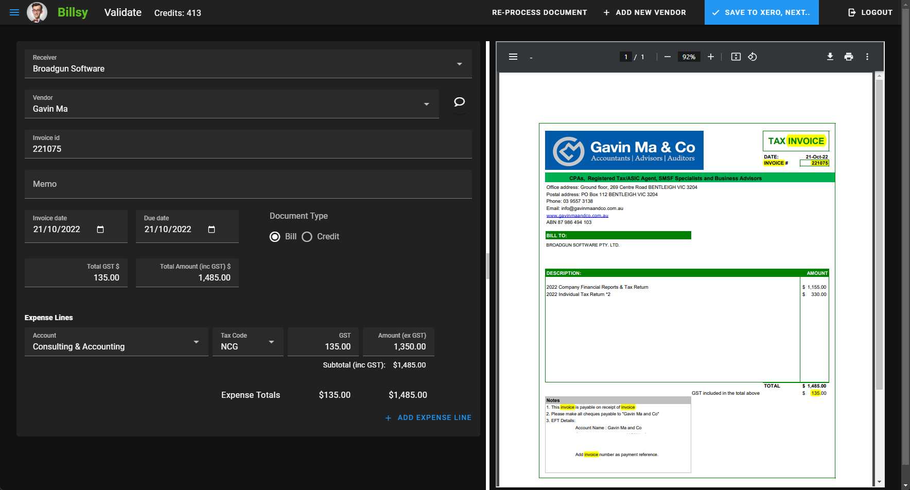Billsy validation screen with highlighted PDF